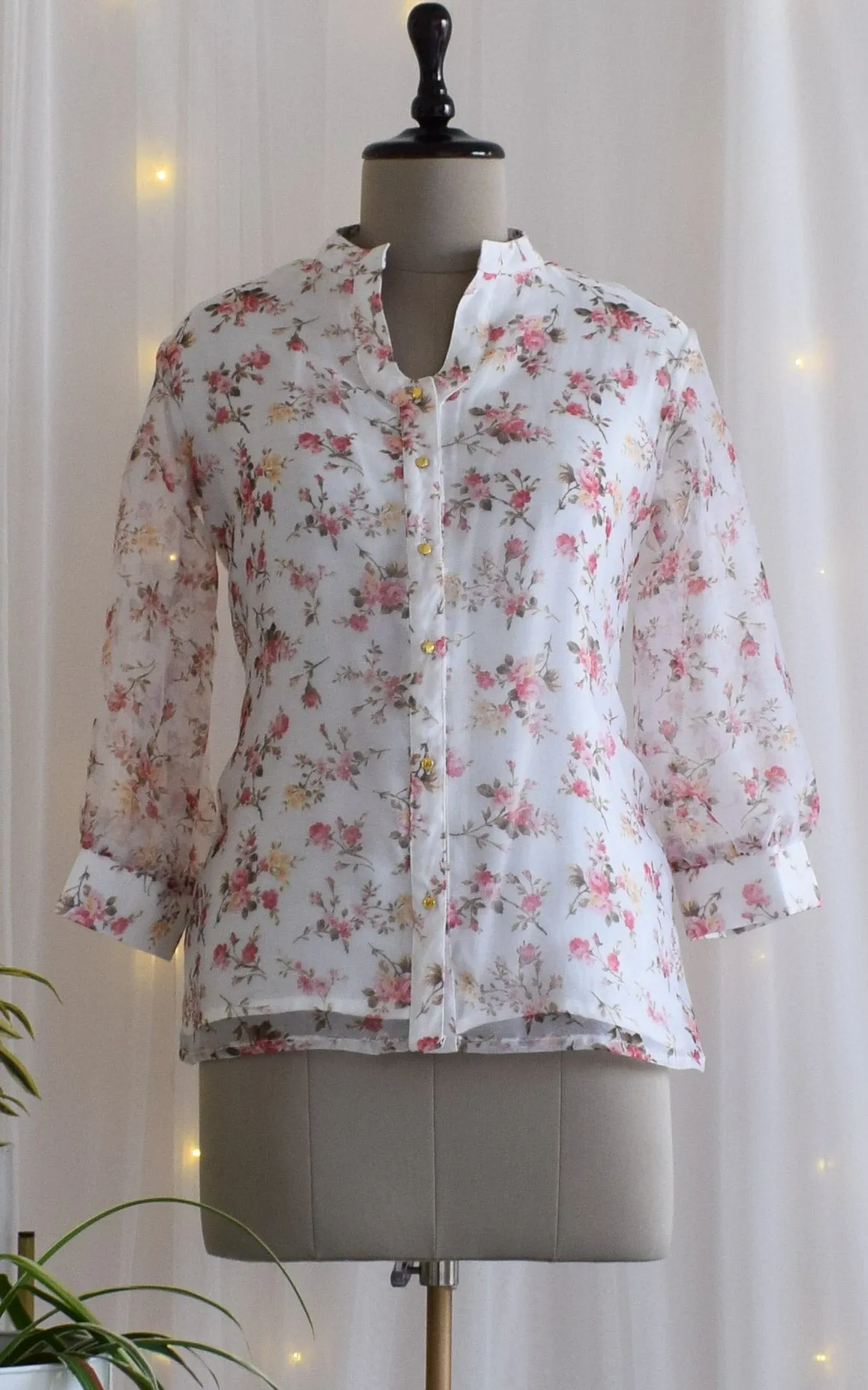 White Floral Organza Shirt Top