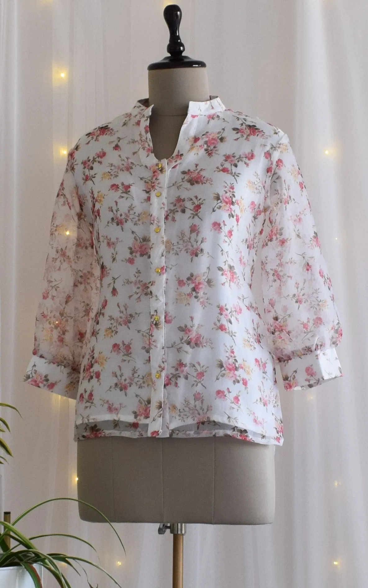 White Floral Organza Shirt Top