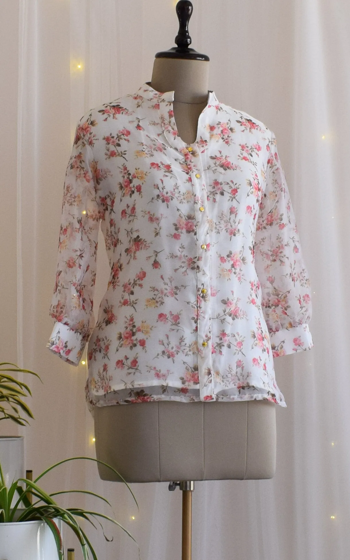 White Floral Organza Shirt Top