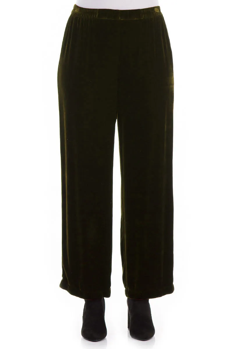 Wide Straight Khaki Silk Velvet Trousers