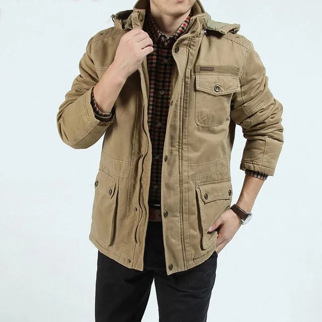 Winter Men Cotton Cashmere Jacket Casual Multi-pockets Hoodies