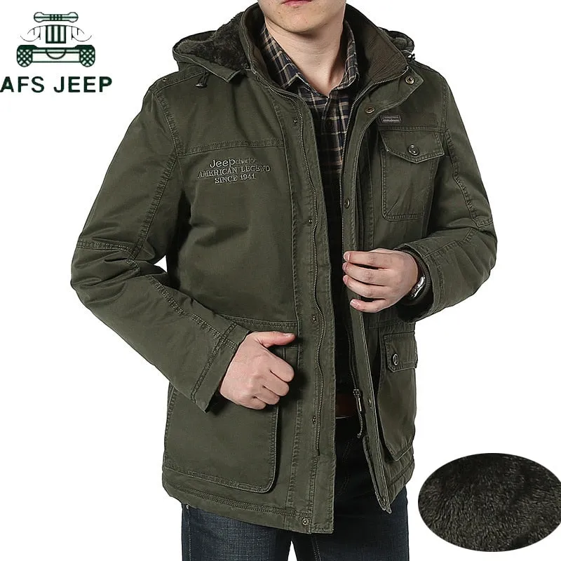 Winter Men Cotton Cashmere Jacket Casual Multi-pockets Hoodies