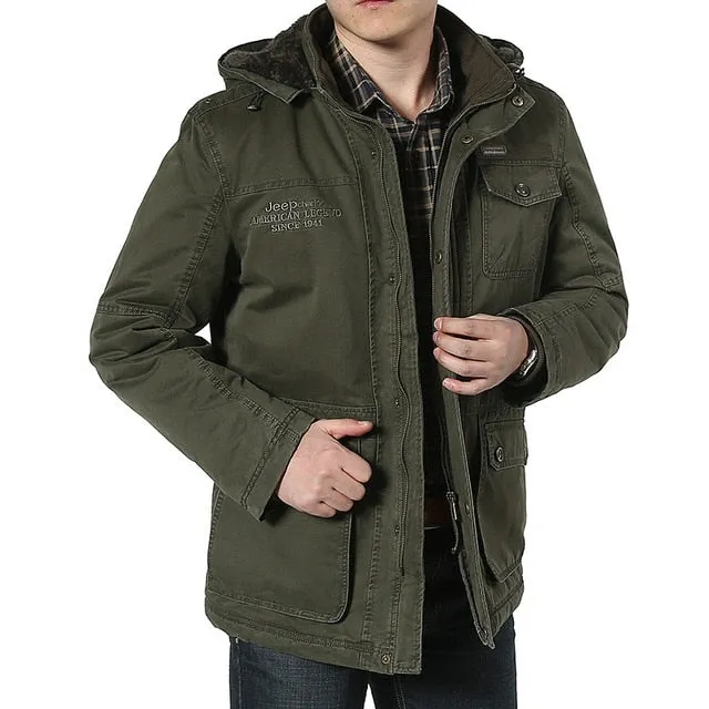 Winter Men Cotton Cashmere Jacket Casual Multi-pockets Hoodies