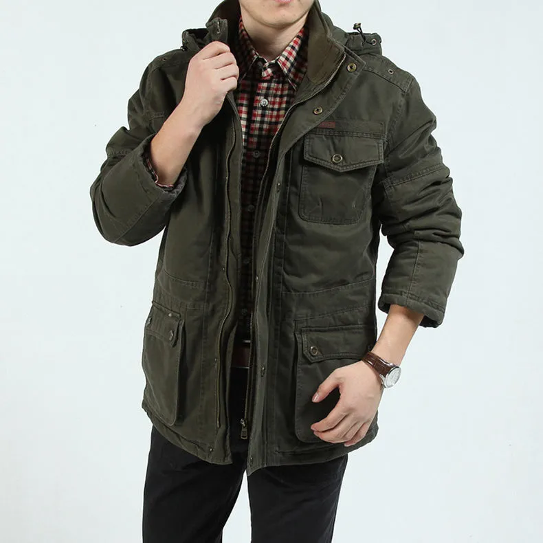 Winter Men Cotton Cashmere Jacket Casual Multi-pockets Hoodies