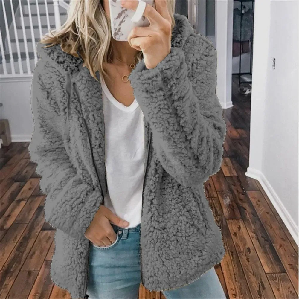 Women faux fur zip up solid color long sleeve hooded coat