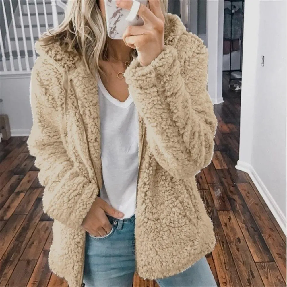 Women faux fur zip up solid color long sleeve hooded coat