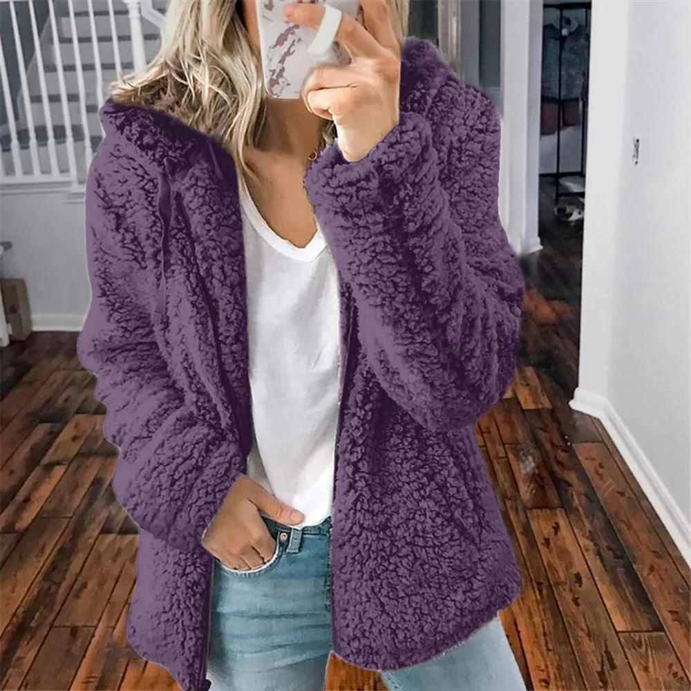 Women faux fur zip up solid color long sleeve hooded coat