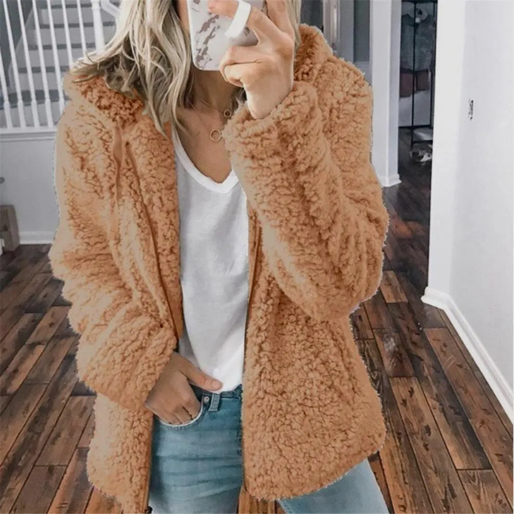 Women faux fur zip up solid color long sleeve hooded coat