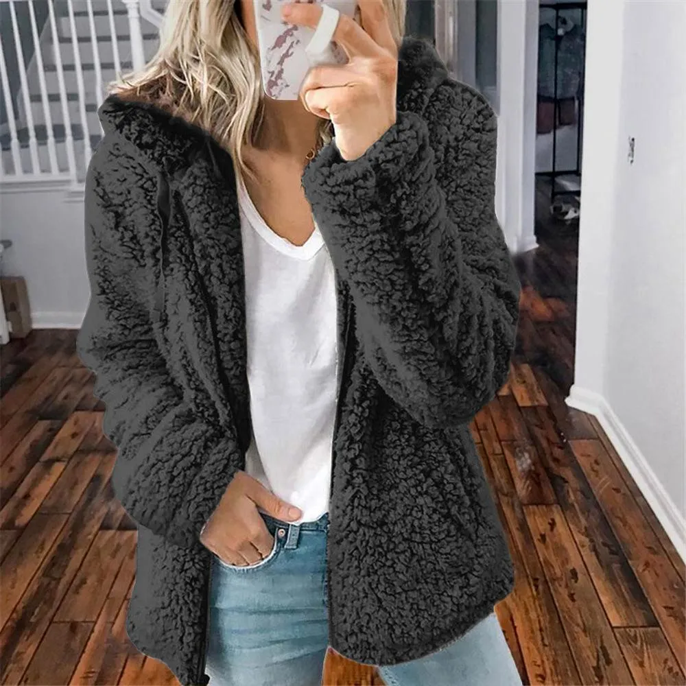 Women faux fur zip up solid color long sleeve hooded coat