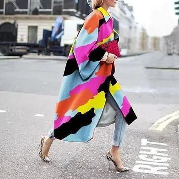 Women printed flare sleeve windbreaker winter fall long coat