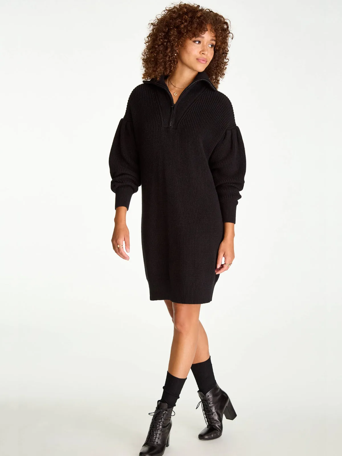 Women's 525 America | Pleat Sleeve Quarter Zip Sweater Dress | Black