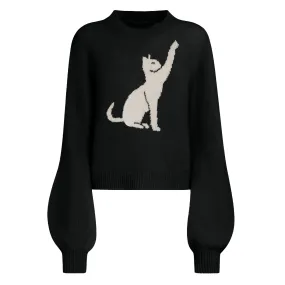 Women's black cat jacquard lantern sleeve sweater