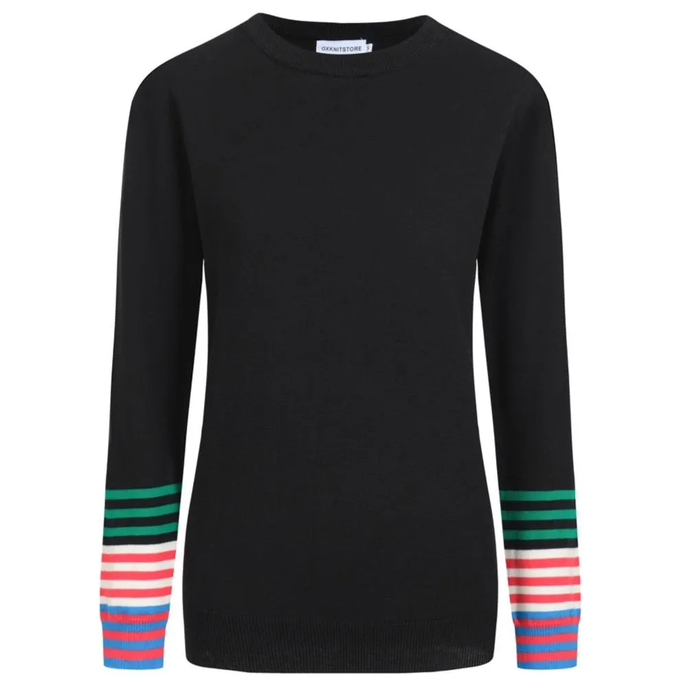 Women's black striped knitted long-sleeved T-shirt