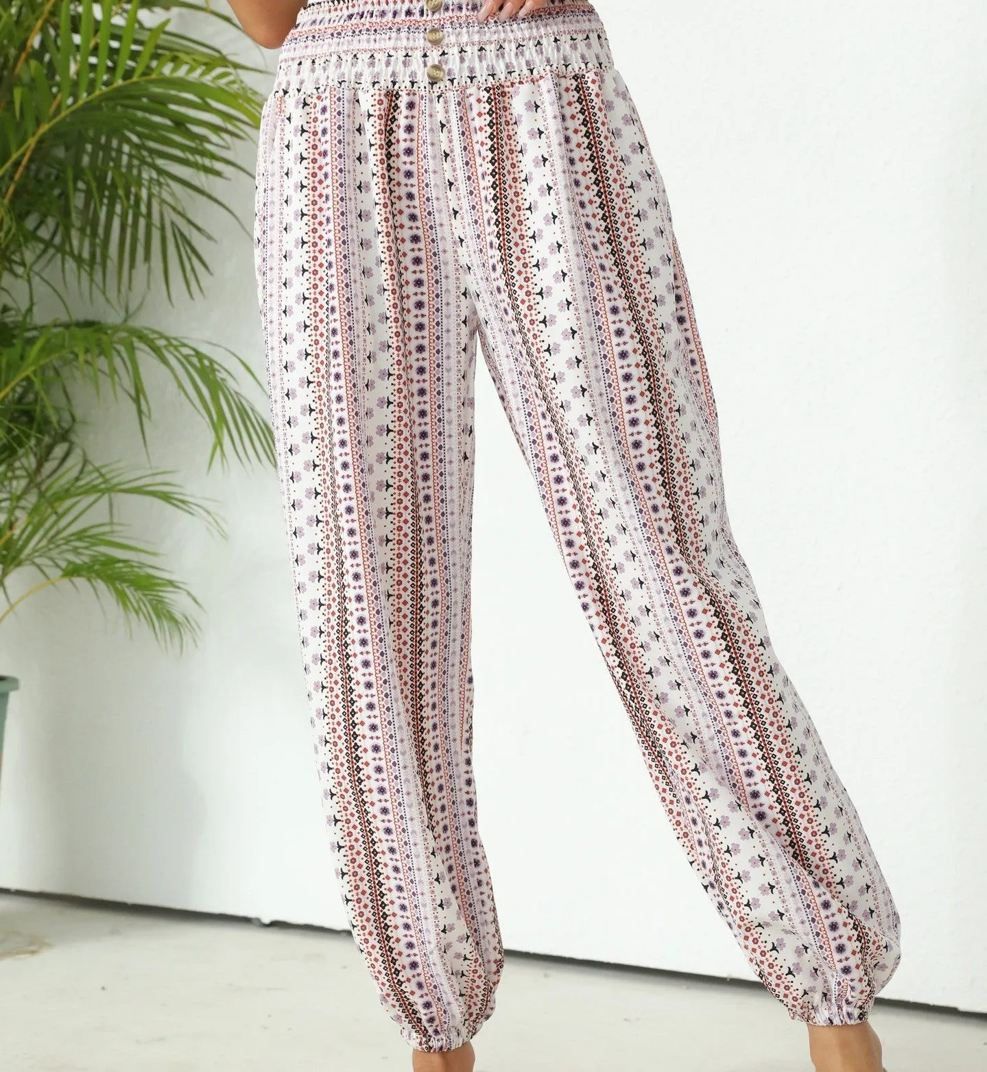 Women’s Boho Floral Print Retro Harem Trousers, Plus Size Summer Beach Pants