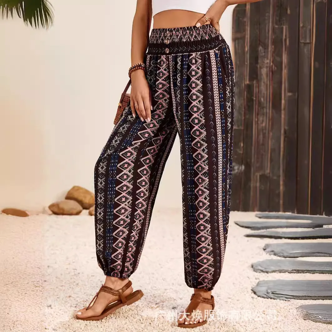 Women’s Boho Floral Print Retro Harem Trousers, Plus Size Summer Beach Pants