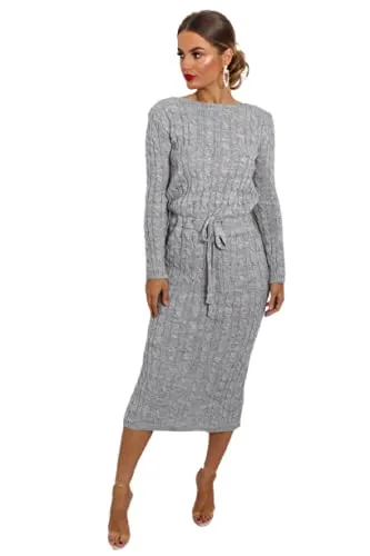 Womens Cable Knitted Jumper Dress Ladies Pocket Tie up Long Midi Winter Warm Top