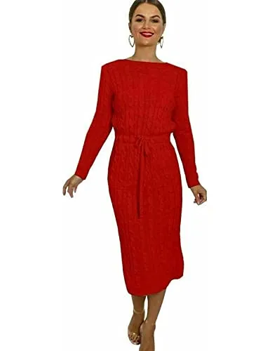 Womens Cable Knitted Jumper Dress Ladies Pocket Tie up Long Midi Winter Warm Top