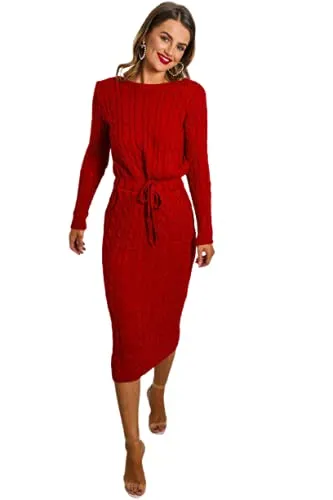 Womens Cable Knitted Jumper Dress Ladies Pocket Tie up Long Midi Winter Warm Top