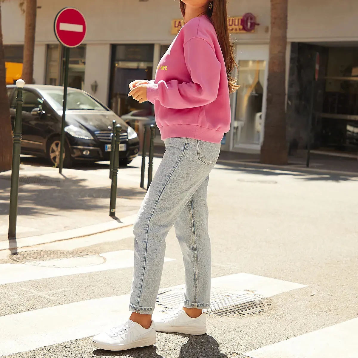 Women's Long Sleeve Deep Pink Letter Print Sweatshirt