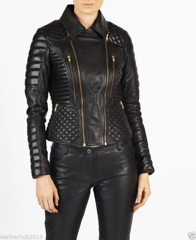 Women’s Quilted Leather Motorcycle Jacket WJ031