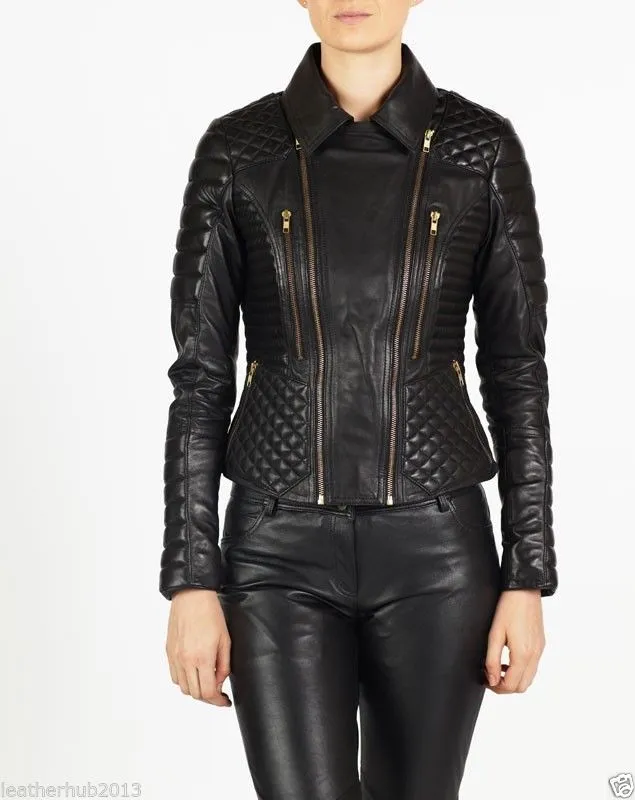 Women’s Quilted Leather Motorcycle Jacket WJ031