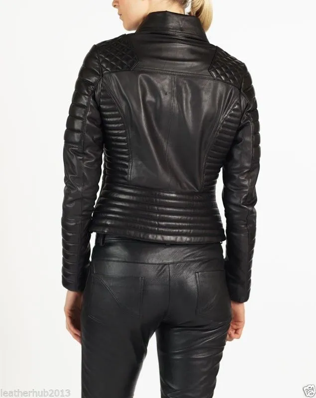 Women’s Quilted Leather Motorcycle Jacket WJ031