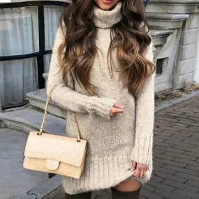 Women's Winter Warm Turtleneck Oversized Knitted Sweater Dress