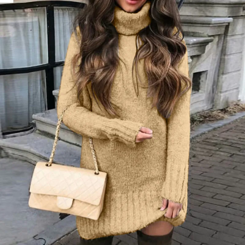 Women's Winter Warm Turtleneck Oversized Knitted Sweater Dress