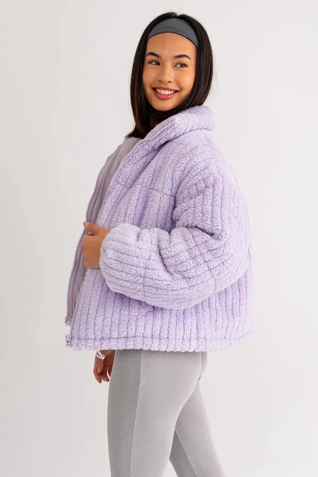 Zip Up Stand Up Collar Fuzzy Puff Jacket